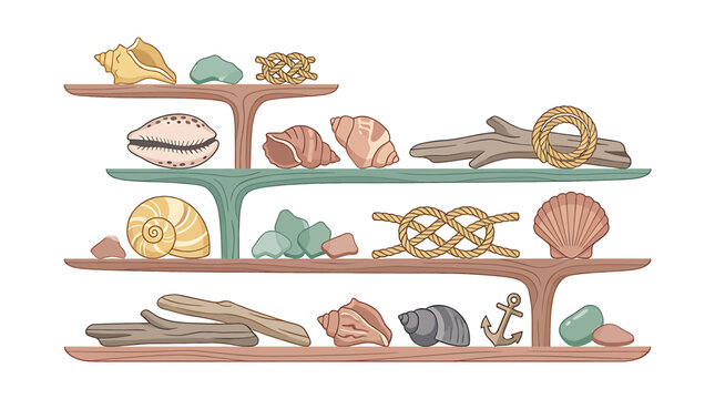 Colorful illustrated collection of seashells and marine artifacts.