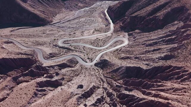 Drone overhead view of serpentine road in Cuesta de Lipan, Jujuy, Argentina