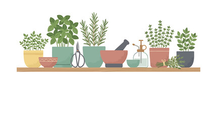Colorful potted herbs and kitchen tools illustration. © Suryadi