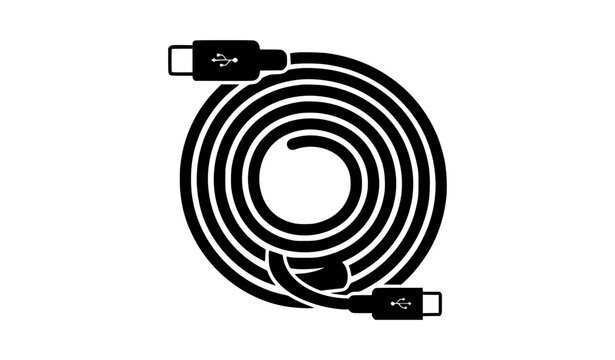 USB charger cord silhouette black and white vector illustration