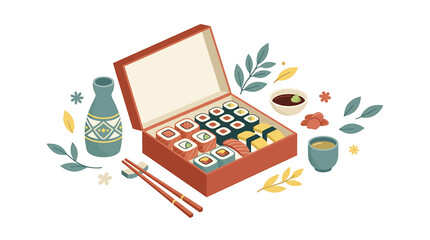 Colorful sushi bento box with chopsticks and soy sauce. © Supri