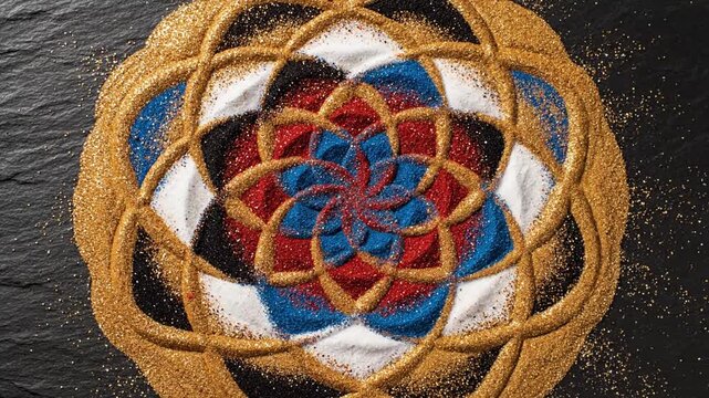 Colorful sand mandala art on dark slate background