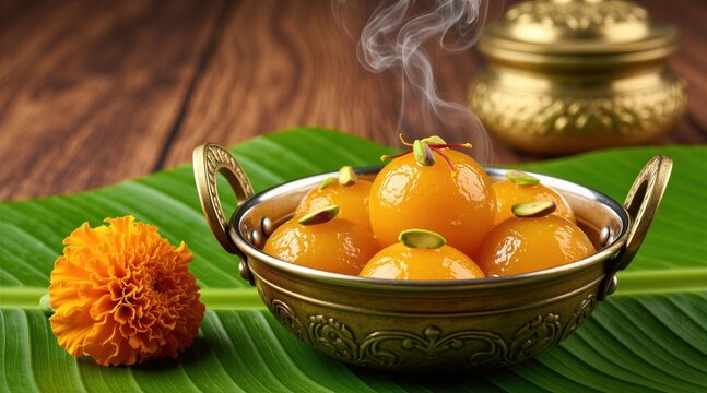 Sweet orange balls served hot in metal bowl on banana leaf. Garnish with nuts. Food from Bangladesh, India. Dessert with milk syrup. Freshly cooked meal.