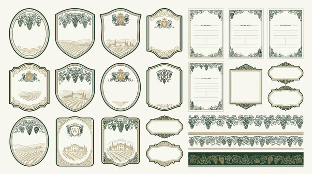 Vintage Wine Labels Collection - Engraved Illustrations & Borders