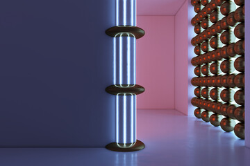 Obraz premium Futuristic interior room with glowing neon pillars and metallic spheres forming a modern geometric wall inside a contemporary building background concept. 3D Rendering