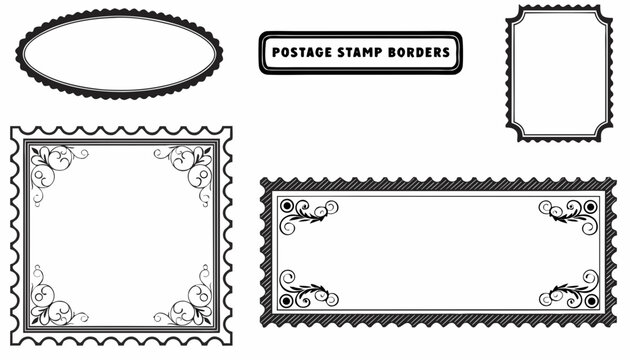 Very beautiful black and white realistic vector illustration of elegant postage stamp border frames featuring vintage decorative perforated edges, ornate classic shapes, and a bold label reading "POST