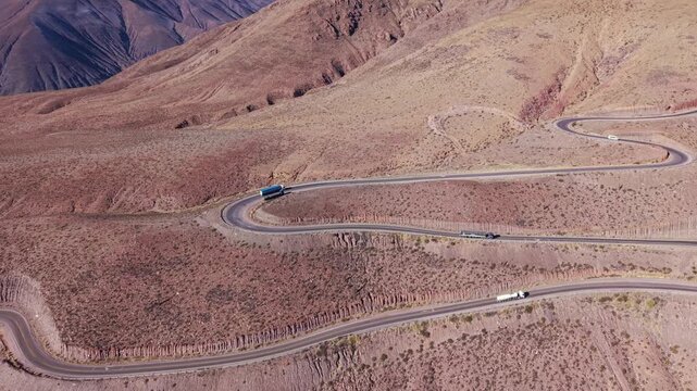 Drone landscape of winding road through Cuesta de Lipan, Jujuy, Argentina