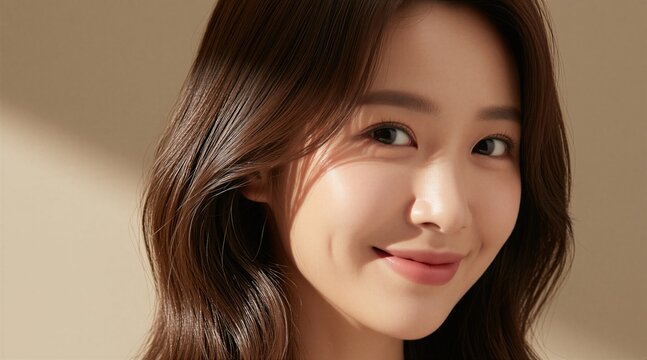 Young Korean woman has clear skin and gentle smile. Portrait shows healthy face with makeup. She wears a simple sweater. Natural light accentuates her features.