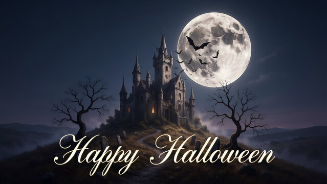 Haunted castle on a hill under a full moon with happy halloween text