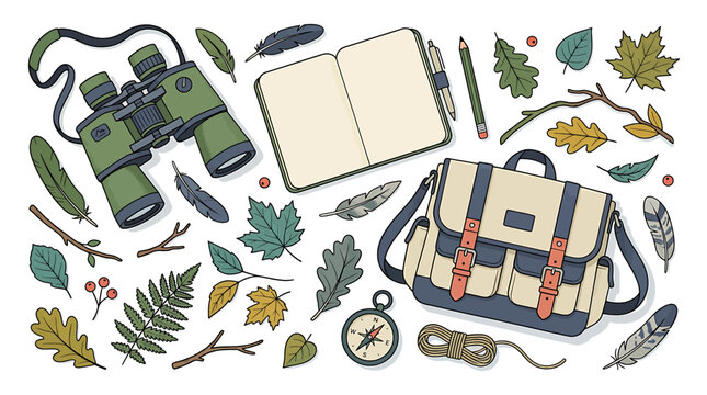 Outdoor adventure gear and nature elements flat lay.