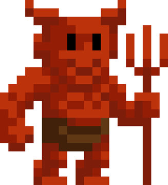 A devil or demon monster fantasy cartoon character in a video game sprite pixel art style. 20 squares wide by 22 high.