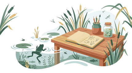 Frog on lily pad near wooden desk by pond. © nur
