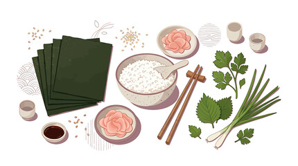 Traditional Japanese sushi making ingredients and tools. © habibi