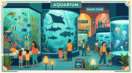 Colorful Aquarium Scene with Families and Marine Life. © Dasim
