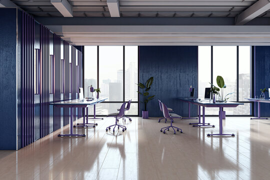 Modern corporate office interior with purple desks, large windows, city view and contemporary design elements in a spacious creative work environment. 3D Rendering