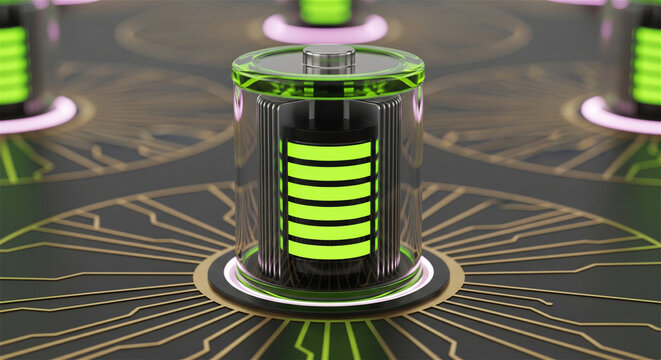 Futuristic green battery cell on circuit board, renewable energy storage concept, high capacity lithium ion power source for electric vehicles