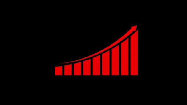 Red Business Growth Bar Chart with Upward Curved Arrow Animation on Black Background Seamless Loop Motion Graphics