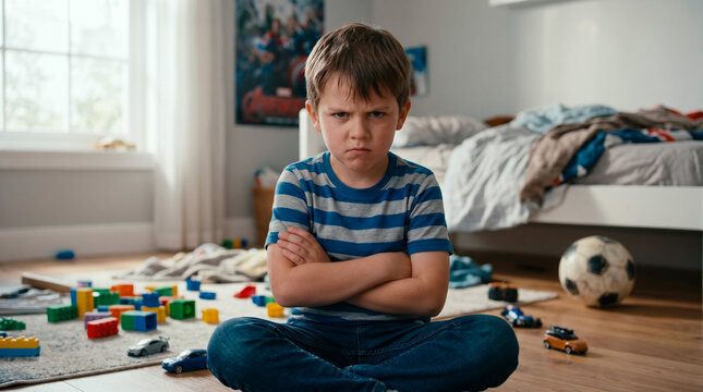 Angry young boy sitting on the floor with arms crossed in a messy bedroom