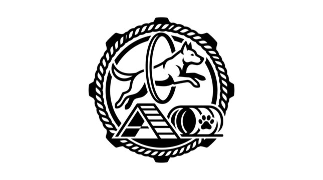 Dog jumping through hoop and tunnel agility logo design.