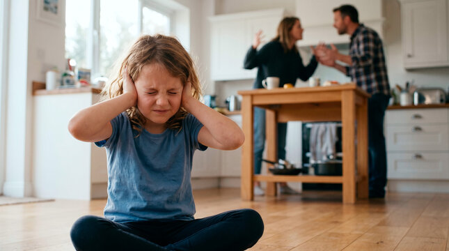 Child covers ears while parents argue in the background of a kitchen