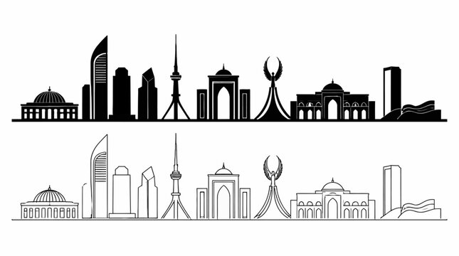 Kuwait City Skyline Silhouette with Outline and Solid Vector Design