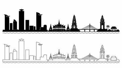 Obraz premium Phnom Penh Skyline Silhouette Illustration with Landmark Icons