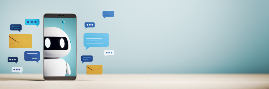 Chatbot robot on smartphone screen with message bubbles and envelopes surrounding it on a light background representing modern digital communication concept. 3D Rendering