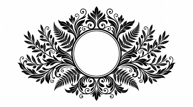 Symmetrical circular frame border surrounded by baroque acanthus leaves, ferns, and olive branches. Black vector silhouette heraldic crest vignette isolated on white for logos and monogram labels.