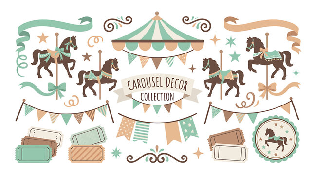 Colorful Carousel Decor Collection with Horses and Tents.