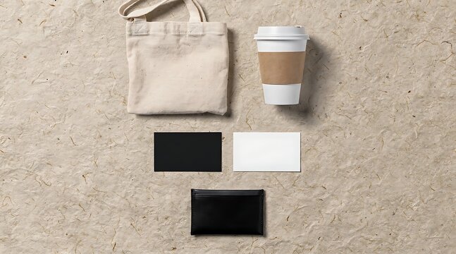 Branding mockup with tote bag, coffee cup, business cards, and wallet on textured background.