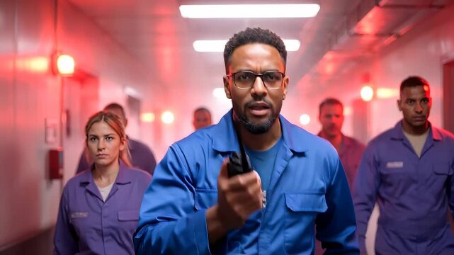 Emergency response team running through smoky corridor. Maintenance workers in blue jumpsuits evacuating industrial facility during alarm. Tracking shot.