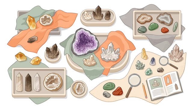 Flat lay of crystals minerals and gemstones collection.