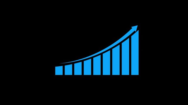 Blue Business Growth Bar Chart with Upward Curved Arrow Animation on Black Background Seamless Loop Motion Graphics