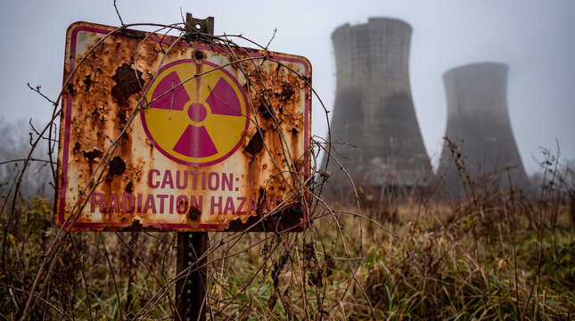 Rusted radiation hazard sign in front of abandoned cooling towers on a foggy day