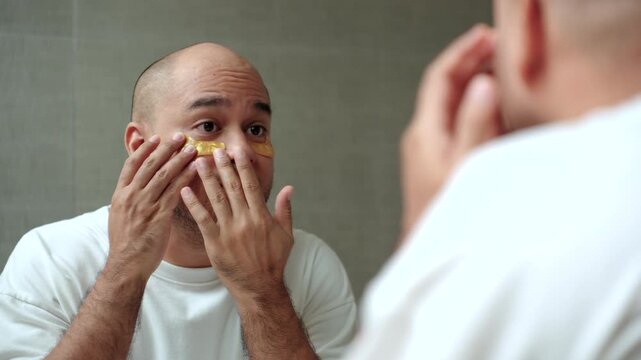 Man applying a sheet mask in front of a bathroom mirror during his morning skincare routine. Healthy aging longevity. Men self-care anti-aging skincare. wellness and preventive health concept.
