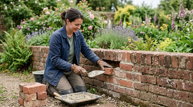 Smiling woman bricklayer repairing a low brick wall in a lush garden. Female mason kneeling and applying mortar with a trowel. Home landscaping and outdoor renovation