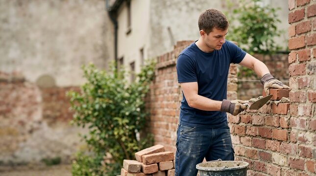 Young male bricklayer constructing a red brick wall outdoors. Mason applying mortar with a trowel during a home exterior renovation. Skilled manual labor and construction project