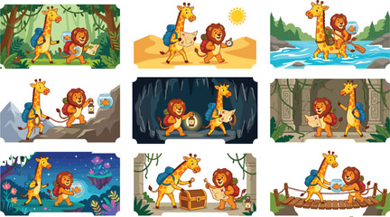Cartoon giraffe and lion safari adventure vector banner set exploring desert cave jungle and mountain landscapes © Mohammad