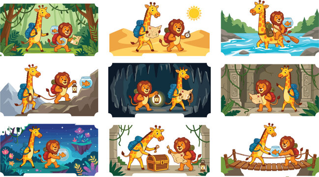 Cartoon giraffe and lion safari adventure vector banner set exploring desert cave jungle and mountain landscapes