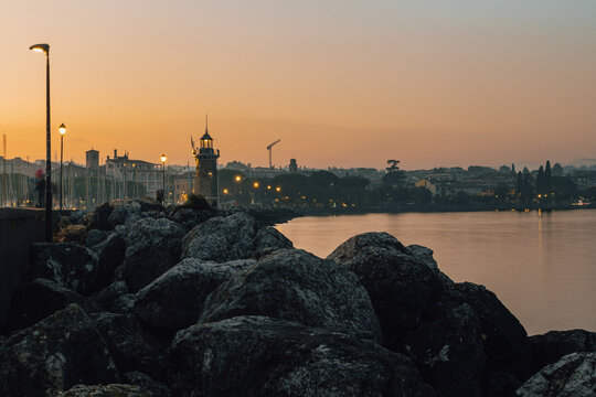 Desenzano Lighthouse at Sunset on Lake Garda, Lombardy, Italy