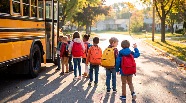 Children with backpacks boarding a yellow school bus on a sunny autumn day