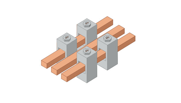 Isometric vector illustration depicting copper busbars or conductive metal bars secured with metallic clamps for electrical engineering.