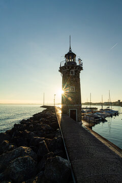 Morning View of Desenzano Lighthouse on Lake Garda, Lombardy, Italy