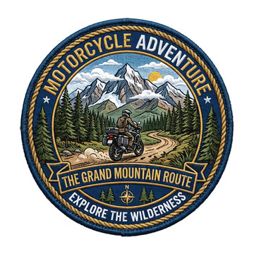 Circular patch design of a motorcycle adventure on a grand mountain route with motorcycle mountain adventure wilderness landscape exploration illustration traveler mountains
