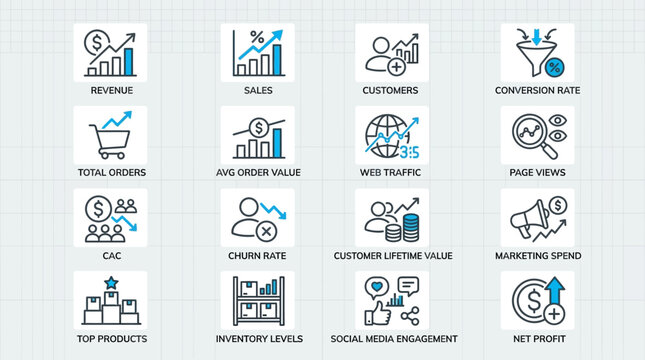 Business analytics icons illustrate key performance indicators for tracking company growth and sales.