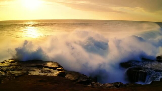 Powerful Ocean Waves Crashing on Rocky Coast at Golden Sunset &ndash; Ultra Realistic Cinematic Seascape