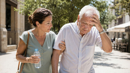 Naklejka premium Senior man suffering from heat stroke on a sunny street. Concerned woman supporting elderly father with water bottle during a heatwave. Heat exhaustion concept