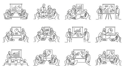 Obraz premium Business meeting and presentation line art illustration collection