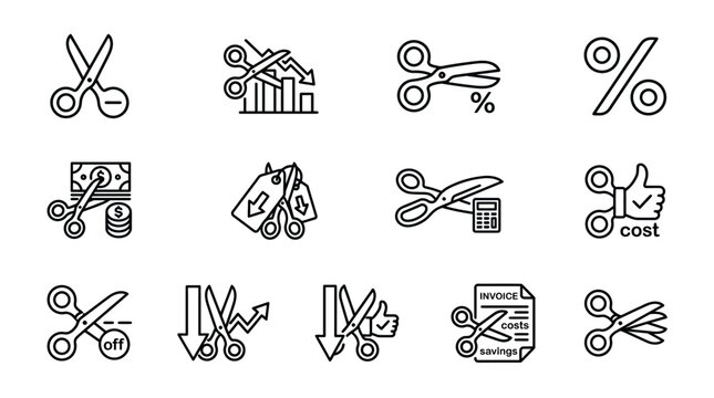 Business cost reduction line icons set featuring scissors and graphs