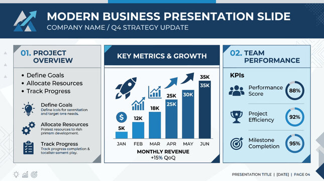 Modern business presentation slide demonstrates key performance indicators, project timelines, and revenue growth projections for quarterly updates.